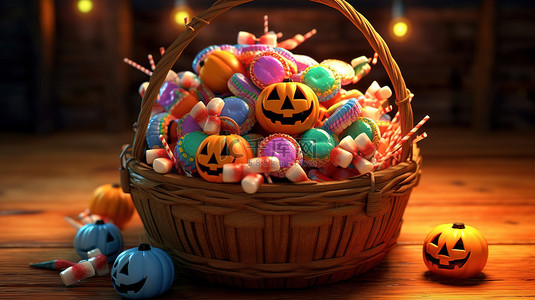 节日万圣节南瓜篮的 3D 渲染，篮子里装满了五颜六色的糖果和糖果