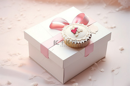 蛋糕盒子背景图片_白色盒子里的白色蛋糕，上面系着粉红丝带