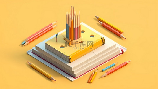 英语学习背景图片_现代平面设计等距概念，以书籍和铅笔为特色，用于教育