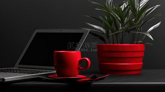 红本背景图片_黑色办公桌的 3D 渲染，配有笔记本电脑红杯和娇小的植物