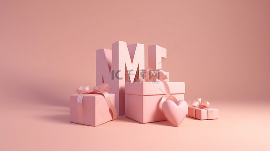 可爱的母亲节主题妈妈文字礼品盒和心形 3D 渲染在浅粉色背景上