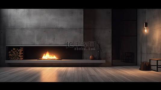 令人叹为观止的宽敞混凝土壁炉的 3D 渲染图，带有集成的火箱和炽热的火焰，辅以两个光滑的黑色落地灯