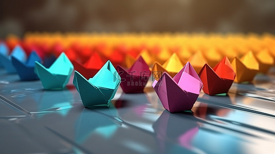 3d 渲染的折纸船在领导形成