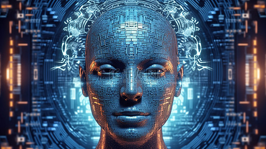 具有未来抽象特征的全息卡尔达诺加密机器人具有 3D 渲染头像