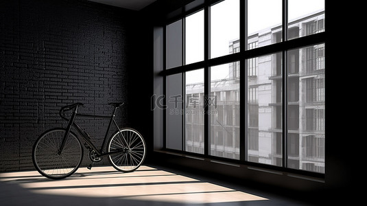 交通和健身融合了黑色自行车的 3d 渲染与反映在窗口中的城市景观