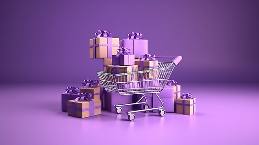 令人难以置信的储蓄购物车和礼品盒，上面装饰着“销售”，漂浮在 3D 紫色背景上