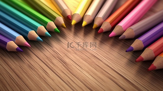 淡绿色纸背景图片_3D 渲染中鲜艳的彩色铅笔放在木质表面上，上面是空白页
