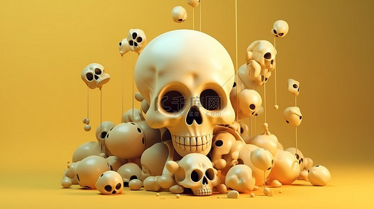万圣节背景图片_简约的万圣节节日概念 3D 渲染中的可爱头骨