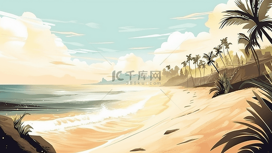 沙滩日光浴背景图片_旅游沙滩大海插画