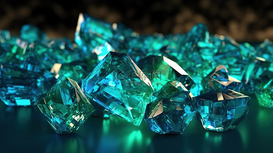 3D 渲染令人惊叹的蓝色和绿色水晶宝石，镶嵌在珍贵的矿井中
