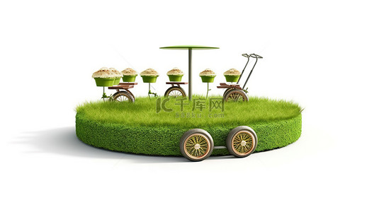冰淇淋车的 3D 渲染位于白色背景下一片充满活力的绿草的圆形区域