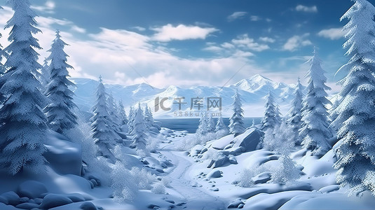 冬季假期雪山和森林的令人惊叹的 3D 插图