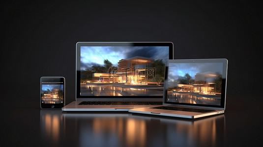 酒店用品背景图片_以 3D 插图显示在笔记本电脑手机和平板电脑上的响应式酒店网站设计