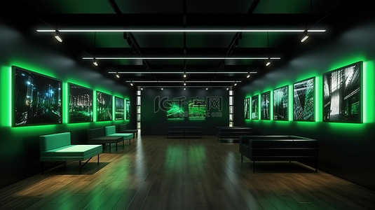系列科技背景背景图片_时尚的当代艺术画廊在深色墙壁和 3D 渲染中的发光绿色装饰中展示了 nft 作品