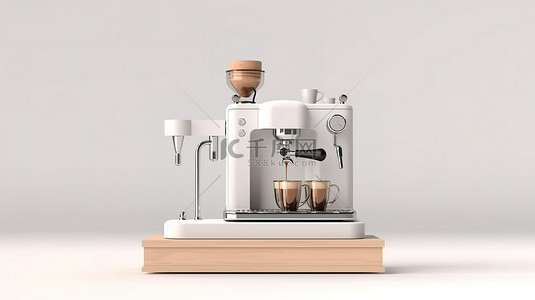 在空白的白色背景下放置在博物馆或画廊的基座上的浓缩咖啡机的 3D 渲染