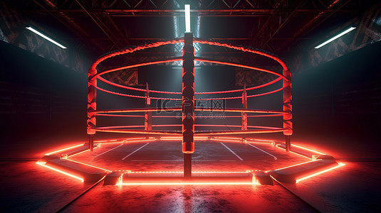 拳击背景图片_夜间 3D 渲染的拳击场，设有聚光灯照明的环，周围环绕着绳索