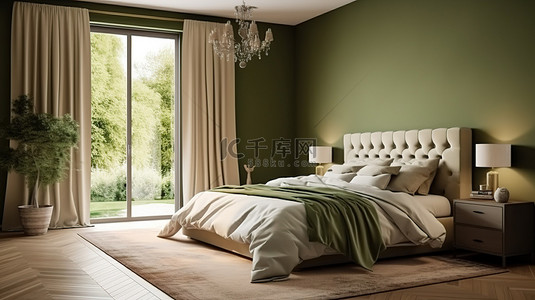 永恒优雅的橄榄色墙壁和精致的家具营造出经典的传统卧室 3D 渲染完美