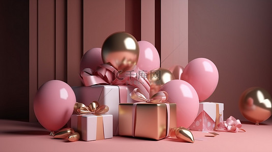 令人惊叹的 3D 渲染插图粉色和金色气球，带有礼品盒和蝴蝶结