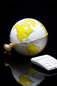 一个地球仪电脑鼠标，上面有一只鸟