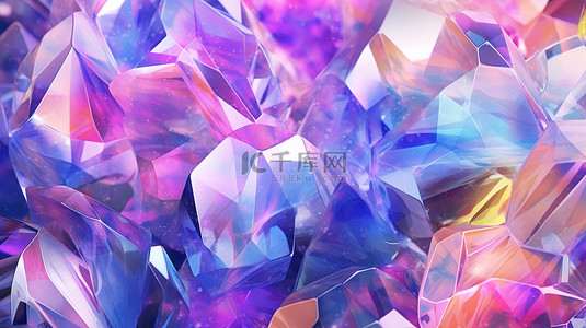 多面宝石抽象出液体虹彩纹理，在 3D 渲染中具有几何水晶背景