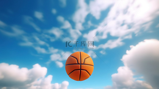 橙色篮球的 3D 渲染被放置在蓝天和云彩的篮下