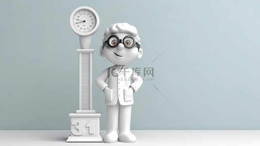 卡通医生角色站在 3D 渲染中的大型温度计模型旁边