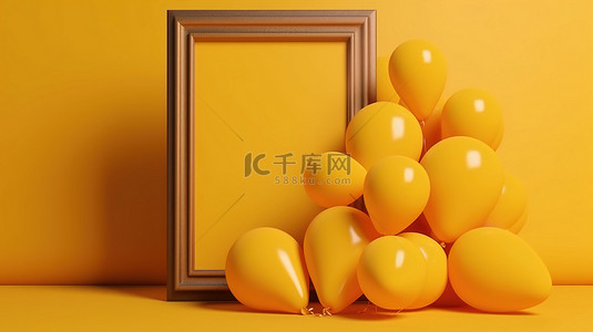 带有逼真的气球的黄色背景和 3d 渲染图中的文本框