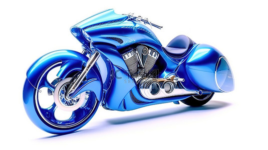 3D 渲染的白色背景展示了时尚的蓝色运动摩托车