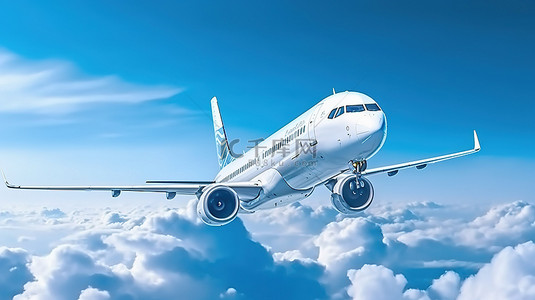 蓝天云彩和飞机的全景模型非常适合 3D 渲染中的航空旅行概念