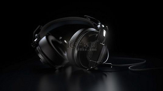 经典黑色耳机在白色背景上以 3D 渲染，带有照明装饰