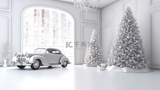 圣诞房间壁炉背景图片_圣诞主题房间内的节日汽车迷人的 3D 渲染