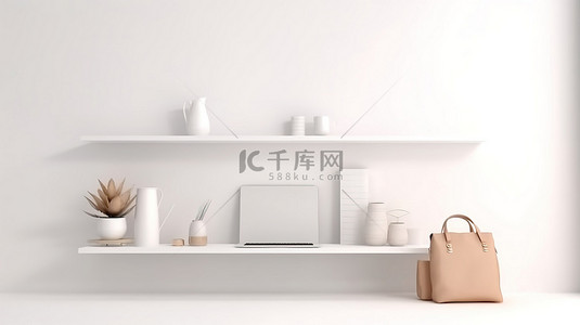 家居飾品背景图片_带笔记本电脑的现代白色桌子是现代房间设计 3D 渲染中产品展示的理想复制空间