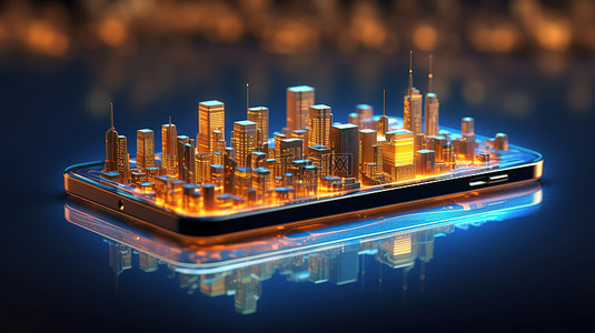 未来派低聚大城市背景与智能城市技术和智能手机城市技术概念的 3D 渲染