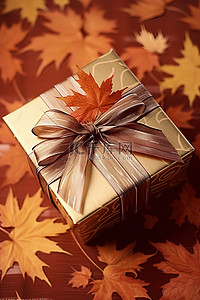 秋天礼物背景图片_上面有秋天树叶的棕色礼盒