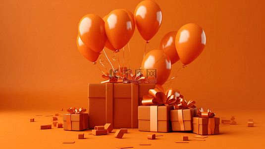 节日折扣用气球礼物和橙色优惠券 3D 渲染来庆祝