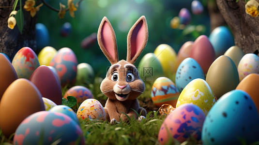 兔子耳朵背景图片_复活节彩蛋的 3D 插图隐藏兔子耳朵，并有文字空间