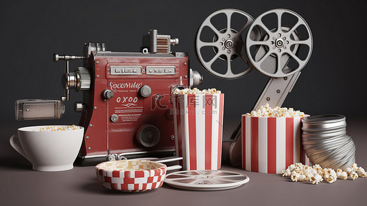 电影摄影机装饰的复古电影布景 3d 渲染以及爆米花电影卷轴拍板和饮料杯