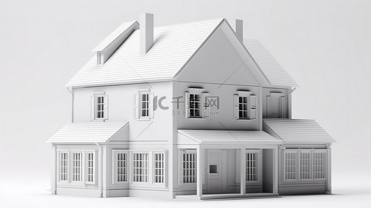极简主义卡通风格 3d 渲染白色背景上的白色两层楼房子