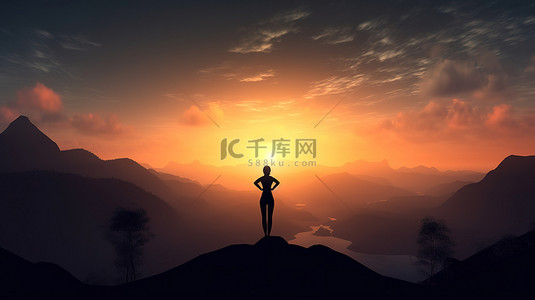 瑜伽剪影背景图片_宁静的日落瑜伽 3D 渲染山峰上的女性剪影