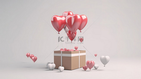 心形气球与礼品盒在白色背景下的 3D 渲染中飞行