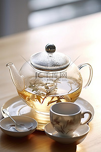 茶叶背景图片_一些茶叶和一个茶壶放在玻璃碗里