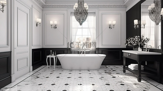 豪华瓷砖装饰增强了 3D 渲染中的经典现代浴室