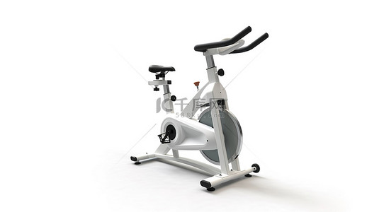 健身器材背景图片_固定健身自行车健身器材的白色背景 3D 渲染