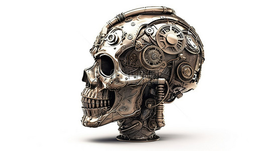 古色古香的蒸汽朋克雕像，带有闪亮的金属头，在白色背景上以 3D 渲染