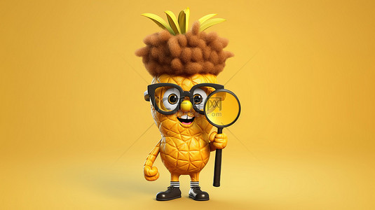 冷气机背景图片_异想天开的时髦菠萝吉祥物，带有放大镜 3D，在阳光明媚的黄色背景上呈现