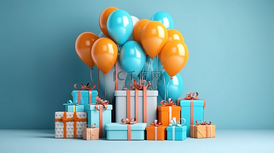 气球布置背景图片_节日 3D 渲染的气球和礼品盒布置，庆祝 10 岁生日派对