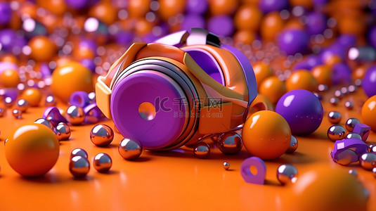 充满活力的橙色转盘和耳机与迷人的紫色 3D 渲染上的万花筒彩色球相得益彰