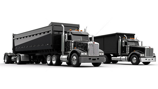 白色背景背景图片_大型黑色美国卡车，配有自卸拖车，用于在白色背景 3D 渲染上运输散装货物