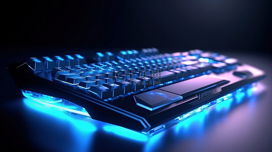 现代电子背景图片_带 3D 渲染键盘和蓝色背景的照明现代游戏电脑桌面