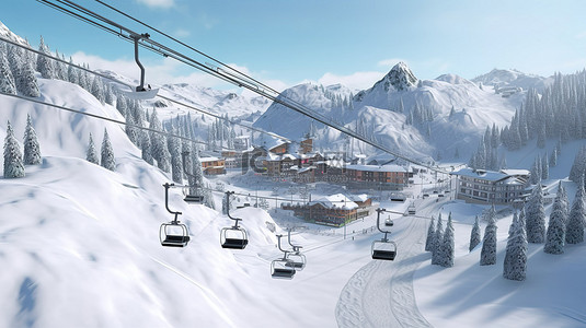 冬季仙境滑雪胜地的 3D 插图展示滑雪缆车和雪，并具有充足的复制空间